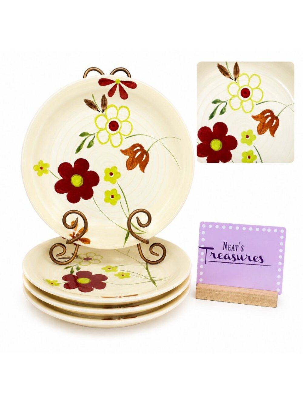 Gibson GID438 Retro 70's Floral Muticolored Ceramic Beige Dinner Plates Set of 4